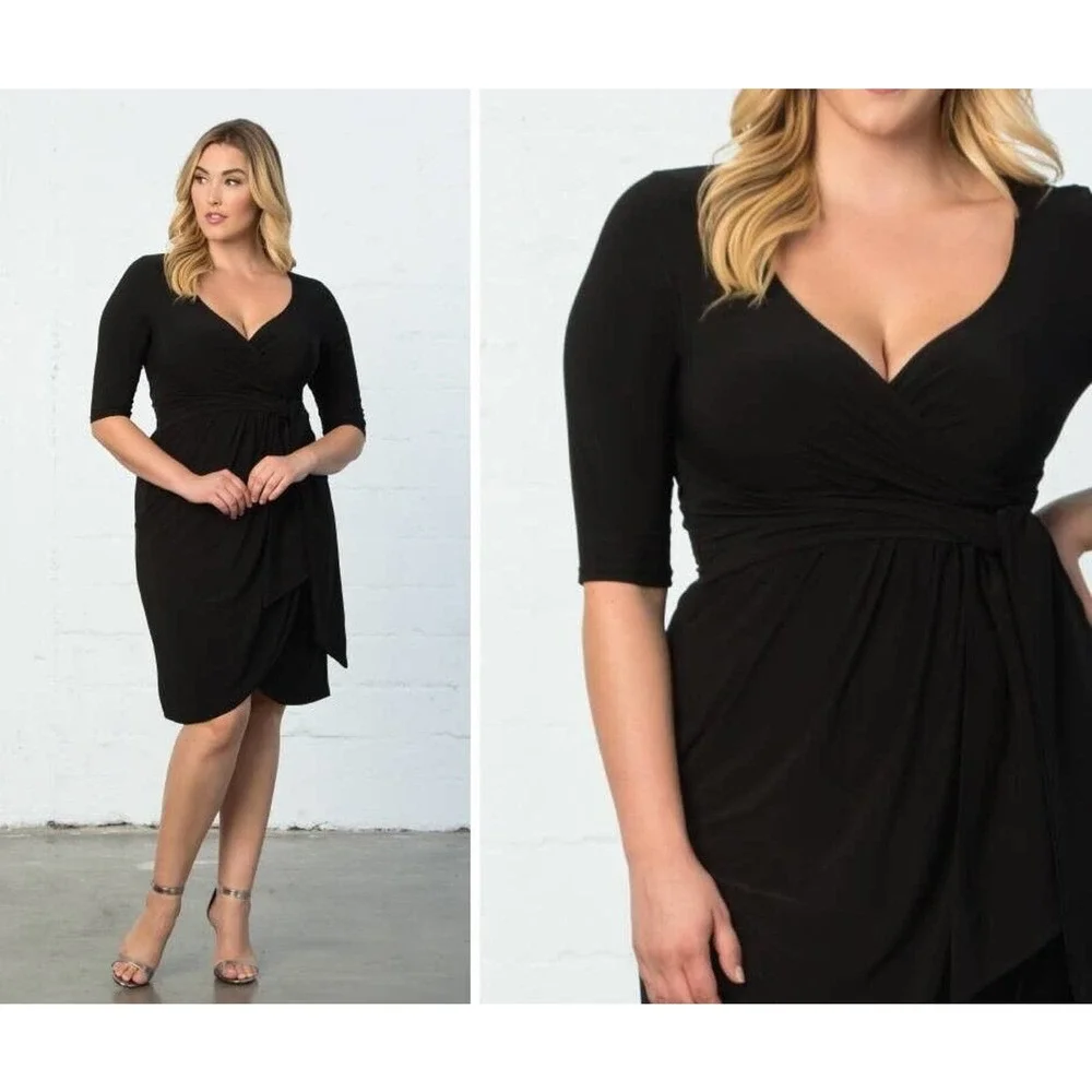 Kiyonna Women Dress Black 3X Harlow Style Faux Wrap LBD Sweetheart Neckline LBD